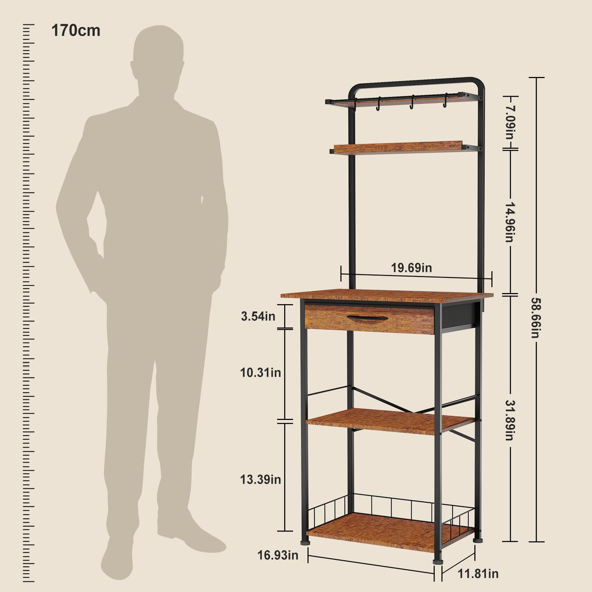 Homsorout Coffee Bar Station - Bakers Rack with Fabric Drawer, Microwave Oven Storage Stand, Bakers Rack for Coffee Stand Station, Home Kitchen Organizer, Brown Homsorout