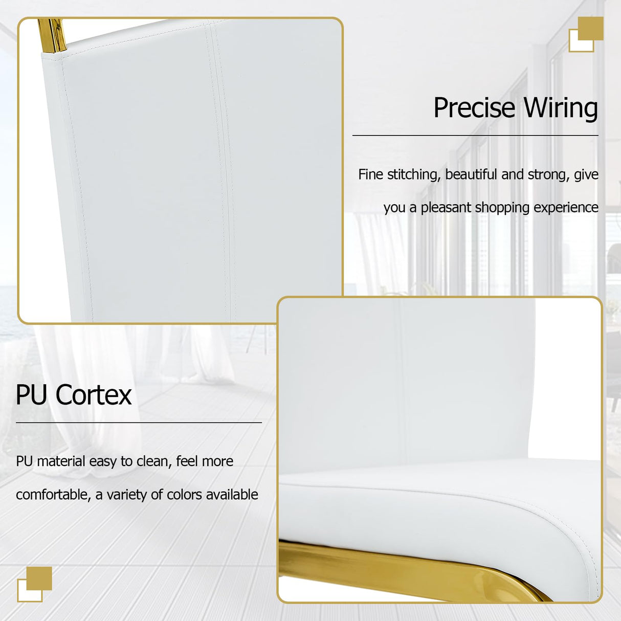 Ebullient Glass Dining Table Set for 4,5 Piece Dining Table and Chairs Set,Modern Kitchen Dining Room Table with 4 White PU Leather Dining Chairs,0.31” Tempered Glass Table Top with Gold Metal Legs Ebullient