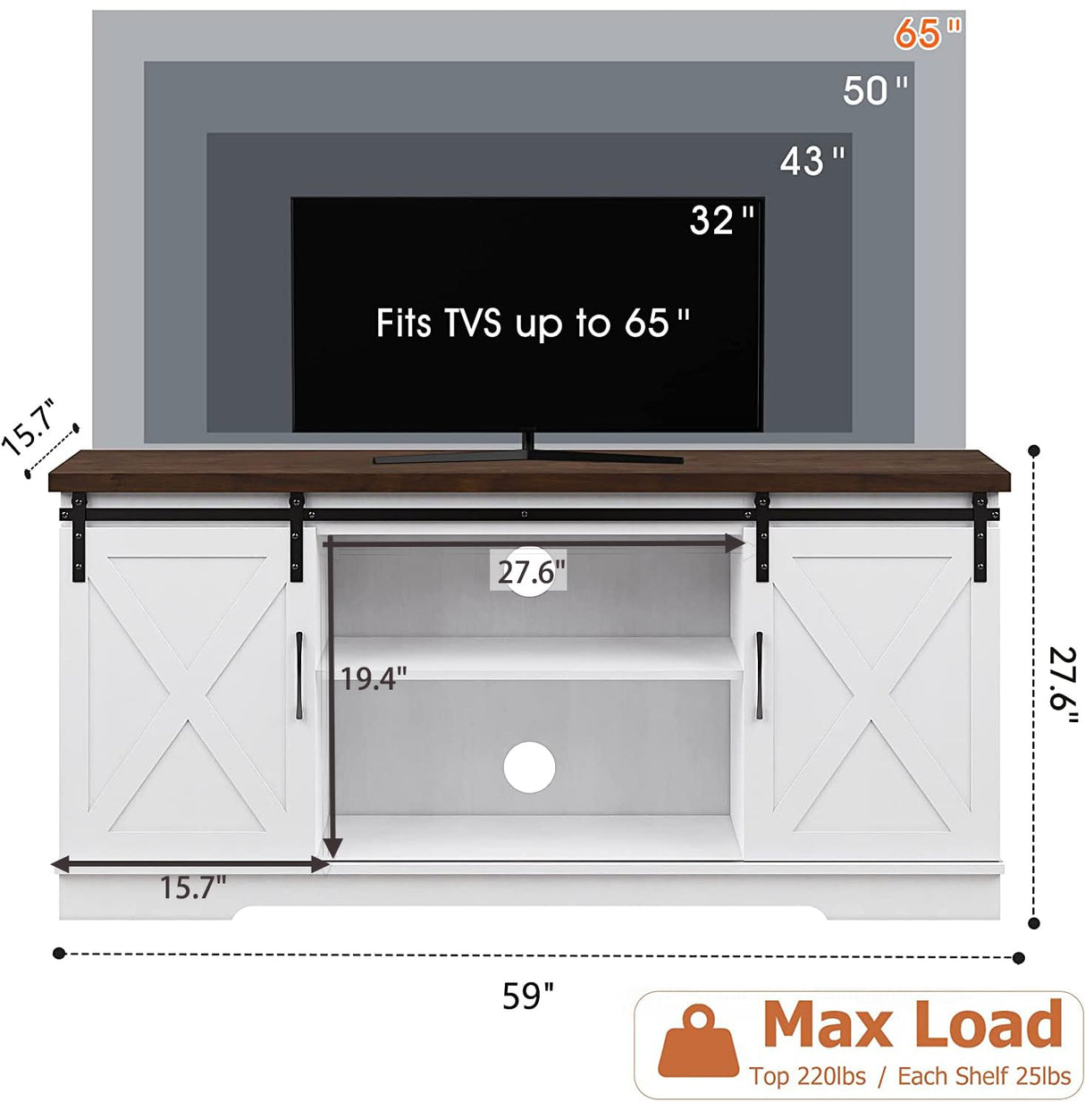 IDEALHOUSE Farmhouse TV Stand, Entertainment Center for 65 Inch TV Media Console Table, White Barn Door TV Stand with Storage and Shelves, Modern TV Console Cabinet Furniture for Living Room IDEALHOUSE