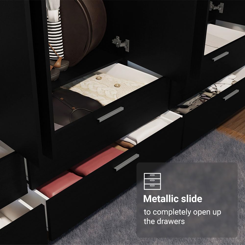 Madesa 6 Doors 6 Drawers Storage Cabinet Wardrobe with Shelves and Hanging Space 94" L Wooden Armoire Closet Organization Unit for Bedroom and Office - Black Madesa