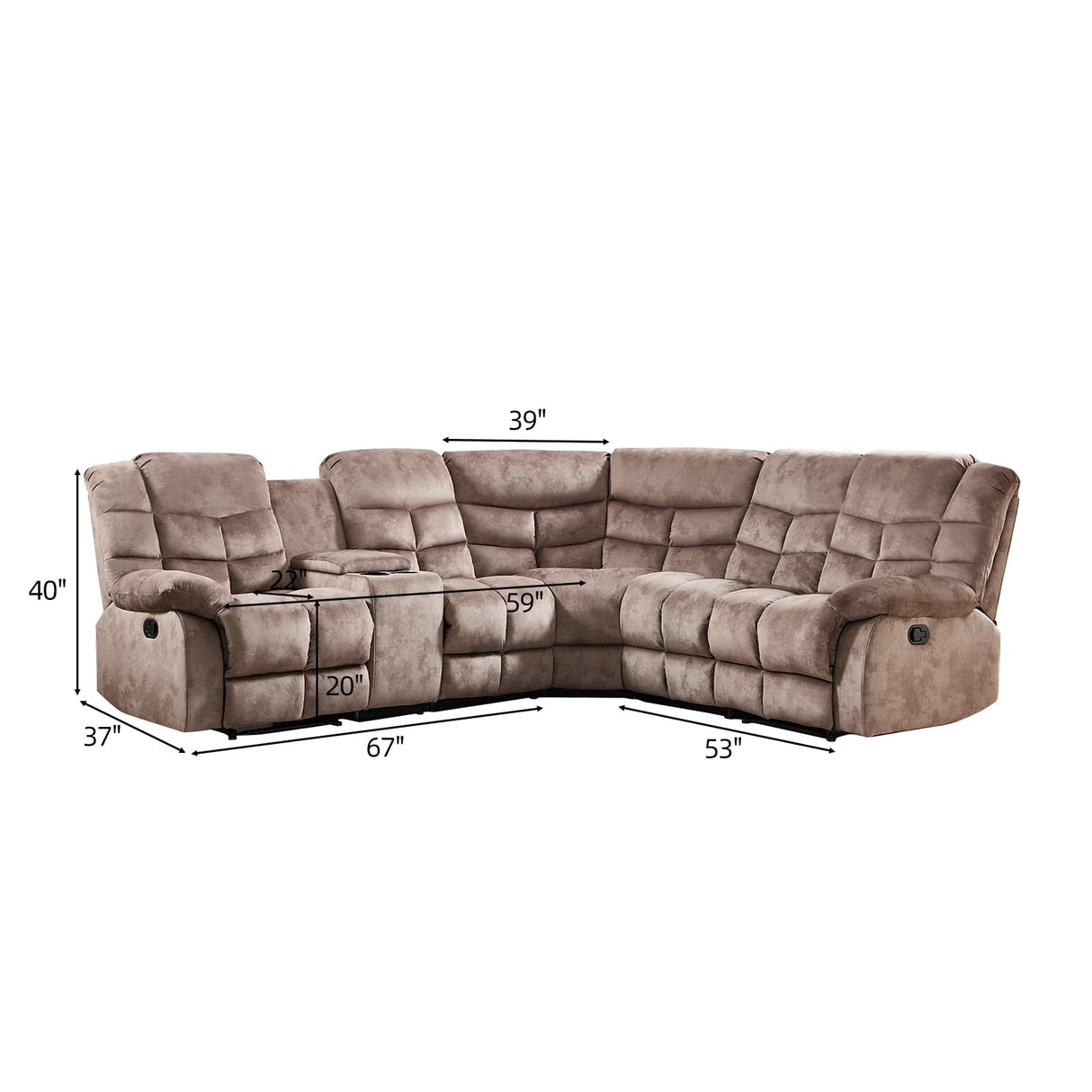 EBELLO Manual Reclining Sectional Sofa Set for Living Room, Soft Fabric Recliner Corner Sectional Couch with Center Console, Cup Holder and Storage, Brown EBELLO