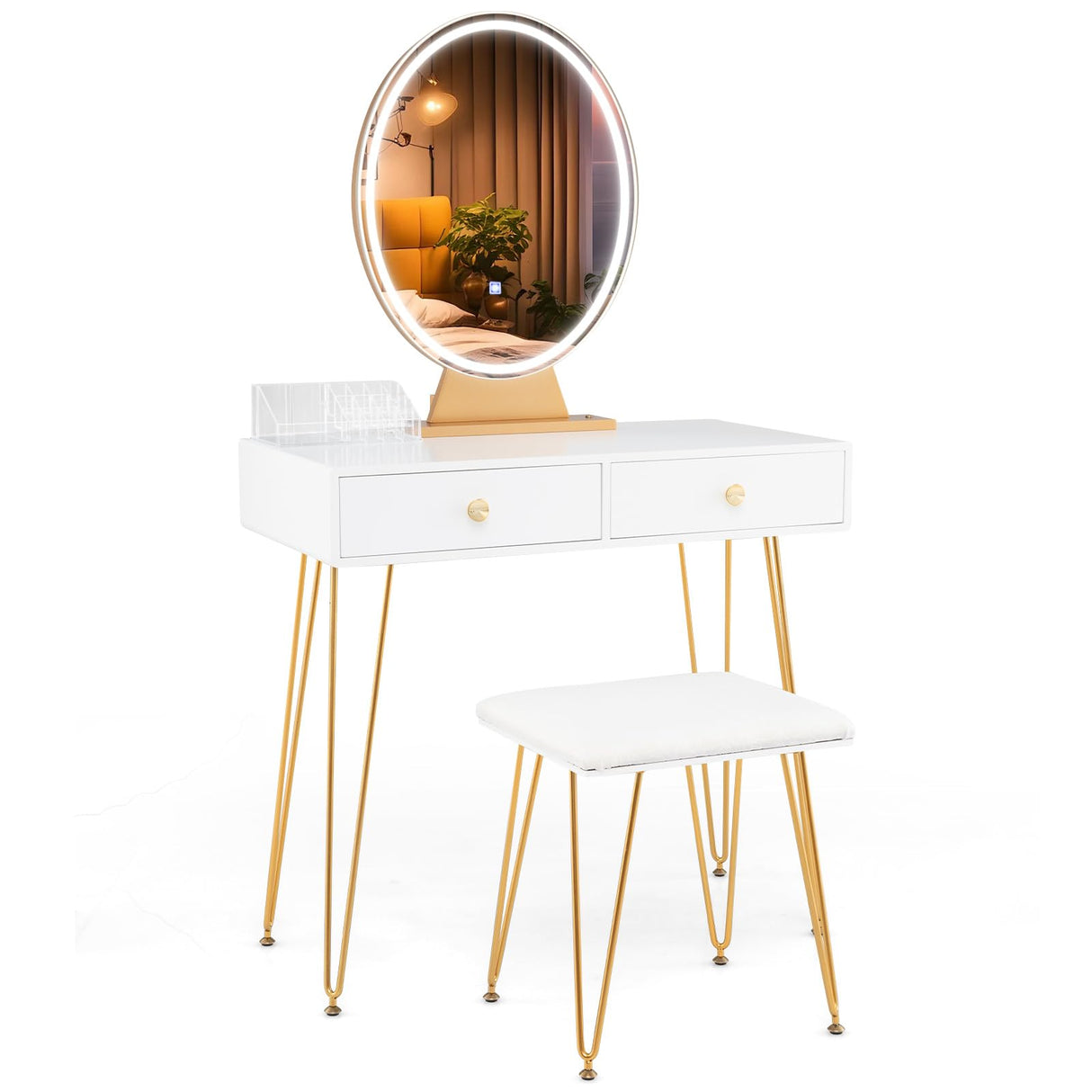 CHARMAID Makeup Vanity Table with Lighted Mirror, Vanity Desk with 2 Large Drawers, Adjustable 3 Lighting Modes, Modern Girls Bedroom Vanity Table with Chair for Small Spaces, White & Gold CHARMAID