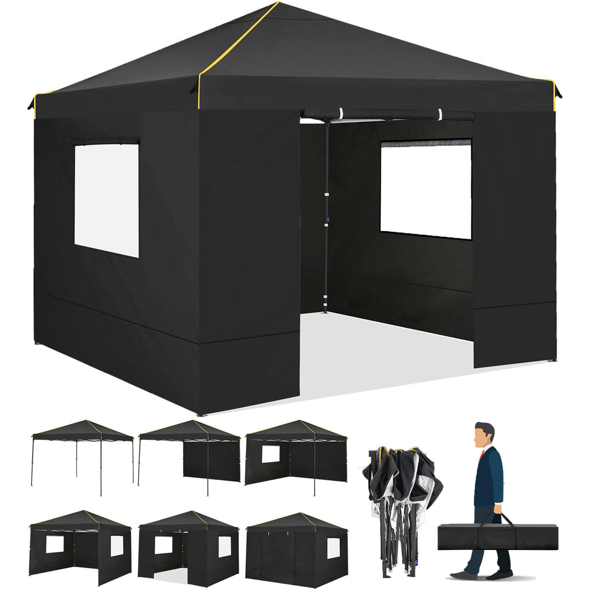 10x10 Pop Up Canopy Tent with 4 Sidewalls and Mesh Windows 2.0, Waterproof Commercial Instant Gazebo Tent Outdoor Canopy Tents for Party/Exhibition/Picnic with Carry Bag,4 Stakes & Ropes (Black) COBIZI