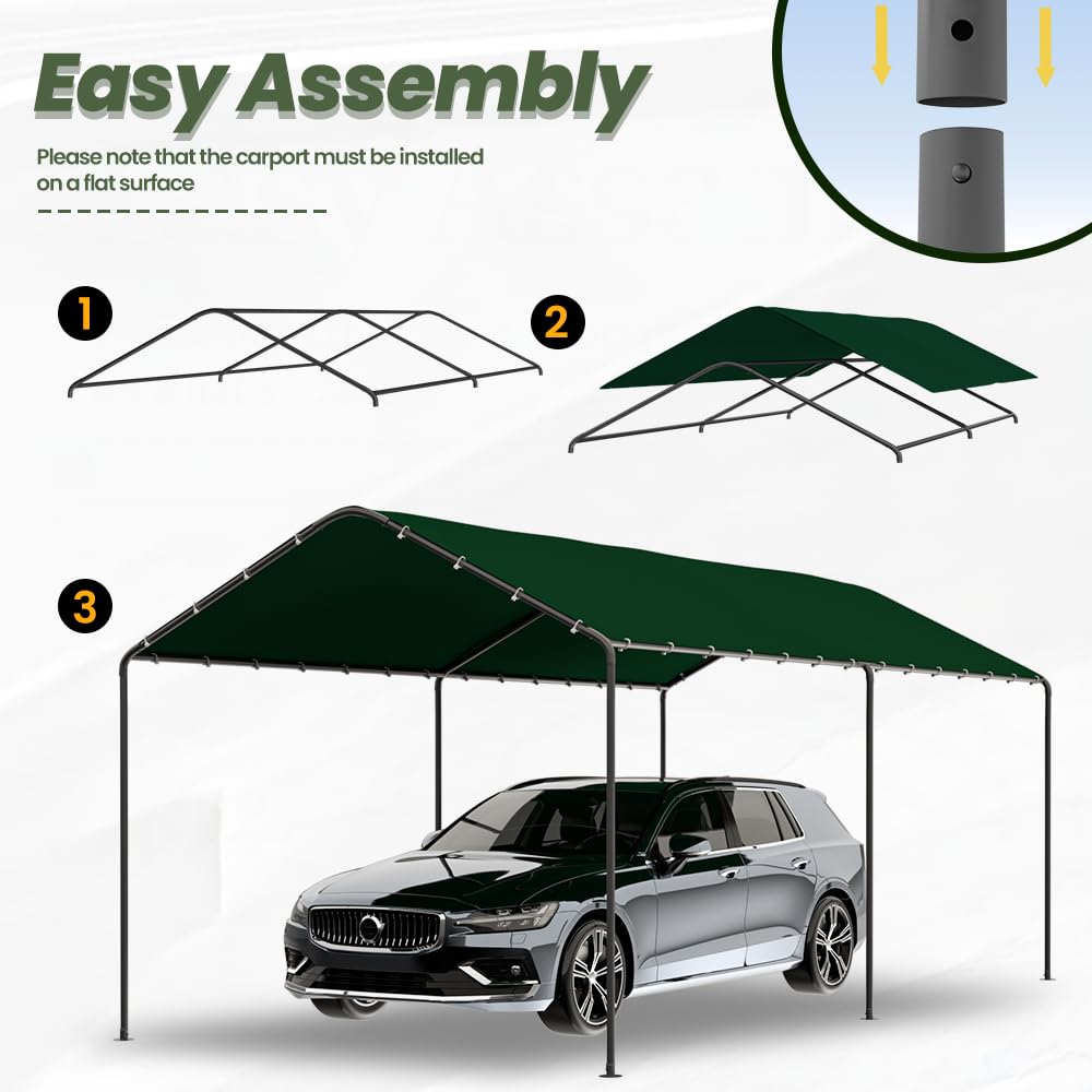 Carport, 10‘ x 20’ Heavy Duty Portable Garage All-Season Car Canopy w/Removable Sidewall & Doors, Carport Canopy Party Tent w/Water-Resistant Tarp for Backyard (Green, 10' x 20' /no Side) Phonjoroo