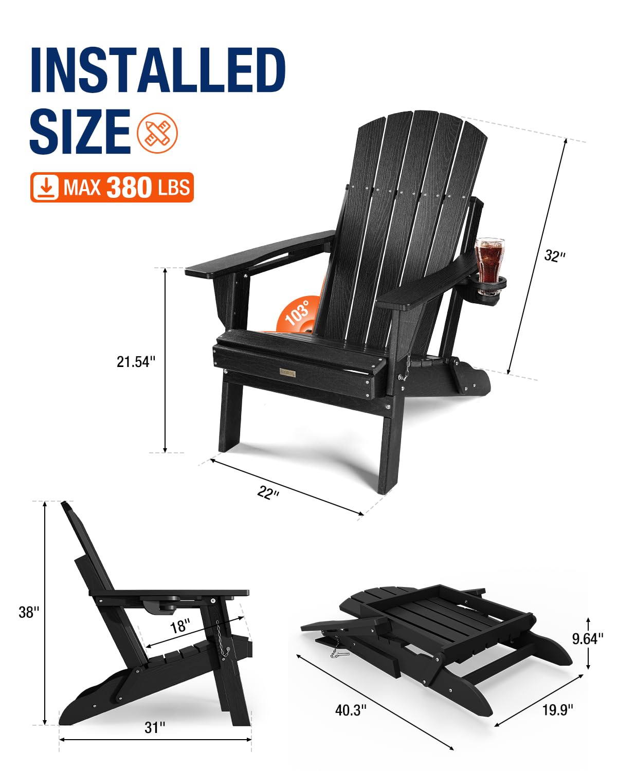 POWERWOOD Folding Adirondack Chair Wood Texture, HDPE Higher Back Plastic Adirondack Chairs with Cup Holder, Weather Resistant Composite Chair for Outdoor, Patio, Lawn, Garden, Fire Pit Chairs (Black) POWERWOOD