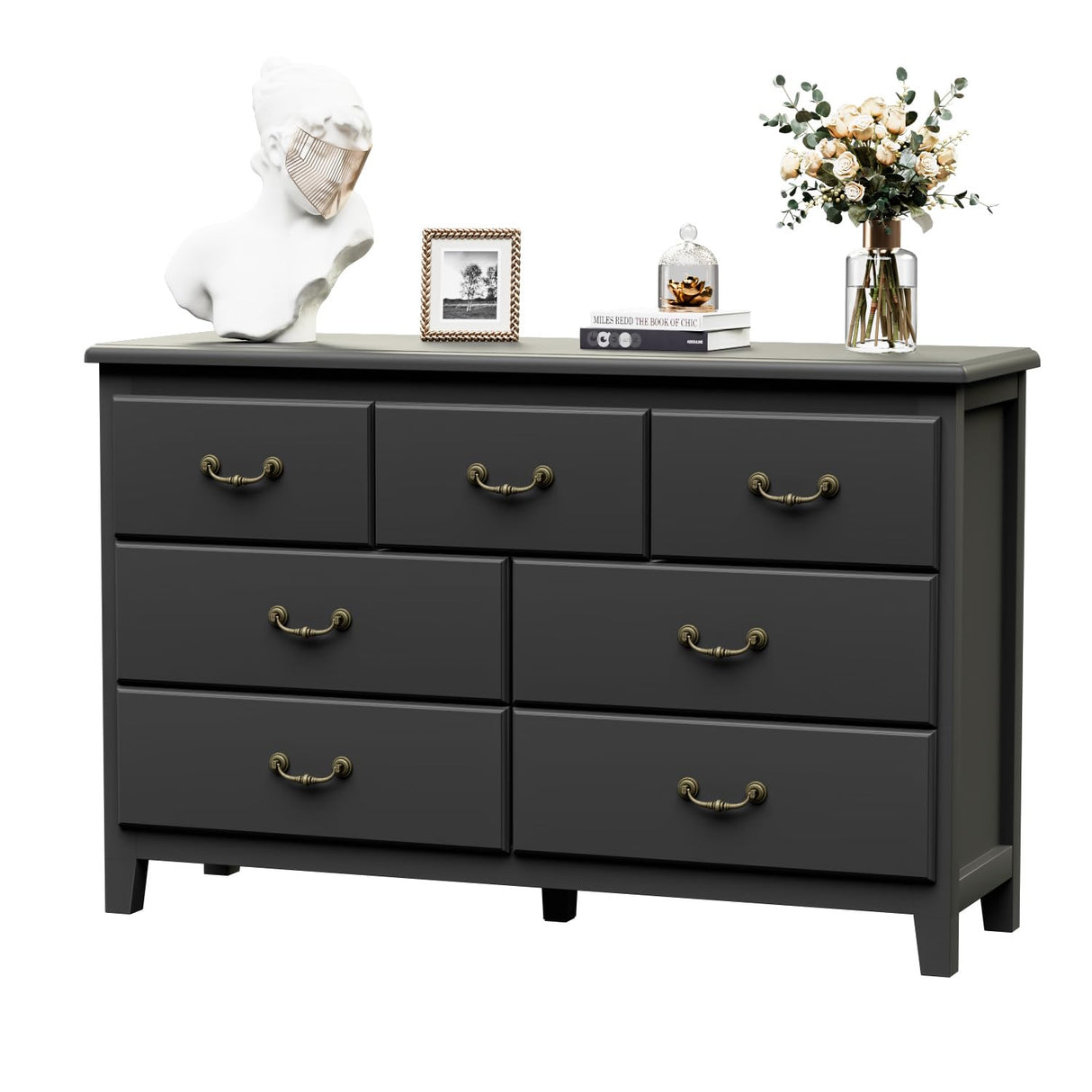 HOUROM Black Dresser for Bedroom, Modern Style 7 Drawer Double Dresser with Vintage Gold Antique Handles, Dresser and Chest of Drawers, Hallway 7 Drawer Dresser, Antique Black HOUROM
