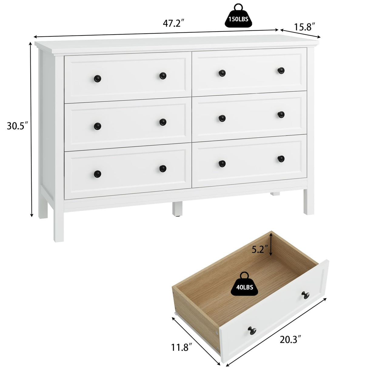 CARPETNAL White Dresser for Bedroom, 6 Drawer Dresser with Wide Drawer and Metal Handles, Wood Dressers & Chests of Drawers for Hallway, Entryway. CARPETNAL