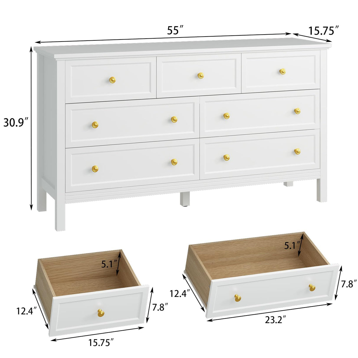 CARPETNAL White Dresser for Bedroom, 7 Drawer Dresser with Wide Drawers and Gold Metal Handles, 55" White and Gold Dresser TV Stand, Modern Dressers & Chests of Drawers for Hallyway, Entryway. CARPETNAL