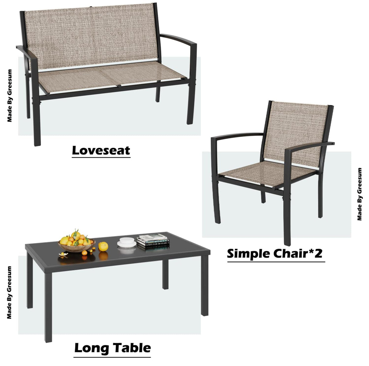 Greesum 4 Pieces Patio Furniture Set, Outdoor Conversation Sets for Patio, Lawn, Garden, Poolside with A Glass Coffee Table, Brown Greesum