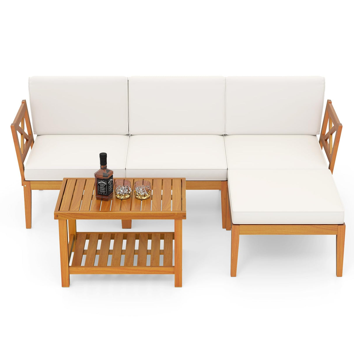 HAPPYGRILL 5 Pieces Acacia Wood Patio Furniture Set, Outdoor Sectional Couch with 2-Tier Coffee Table and Cushions, L Shaped Outdoor Conversation Set for Porch, Garden, Backyard HAPPYGRILL
