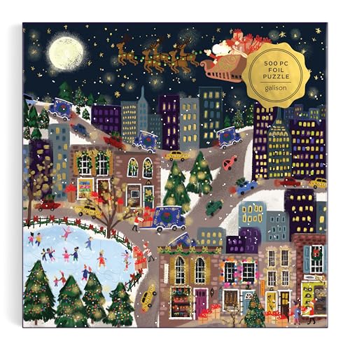 Galison Presentville 500 Piece Holiday Foil Puzzle Featuring Beautiful Artwork of A Cozy and Festive City Scene by Joy Laforme Galison