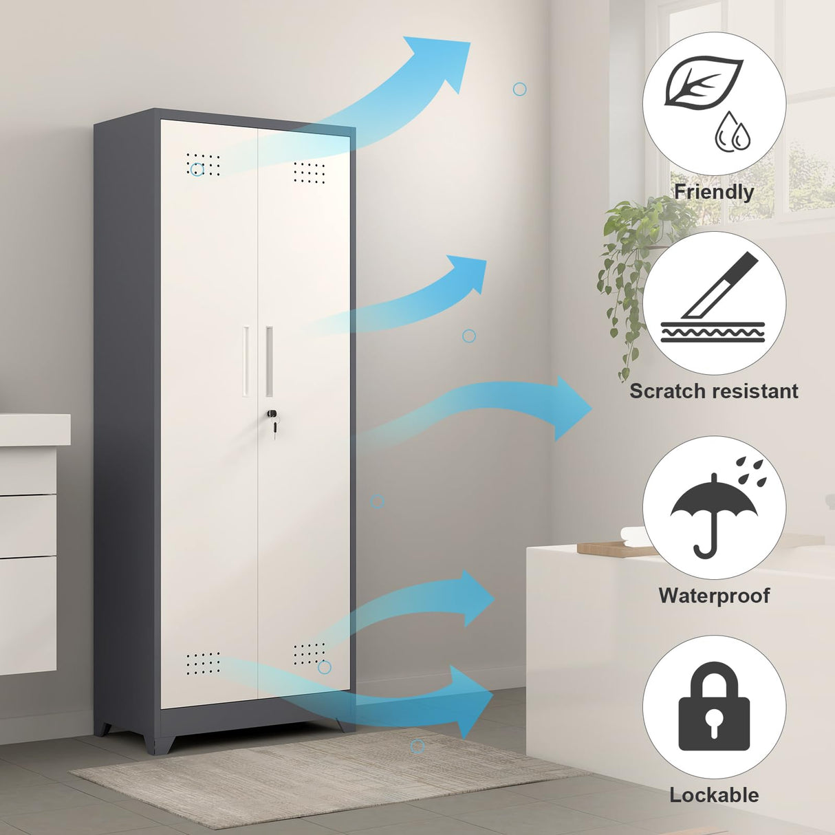 GREATMEET 65" H Broom Closet, Broom Closet Cabinet with Pegboard and Hanging Rod, Cleaning Tool Storage Cabinet, Tall Metal Utility Closet with Locking Doors for Bathroom, Garage GREATMEET