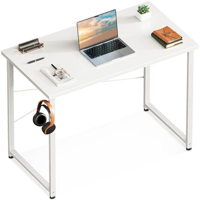 Casaottima 32 Inch Small Computer Desk for Home Office, Study Writing Table for Small Spaces, Simple Modern Desk with Headphone Hooks, Pure White