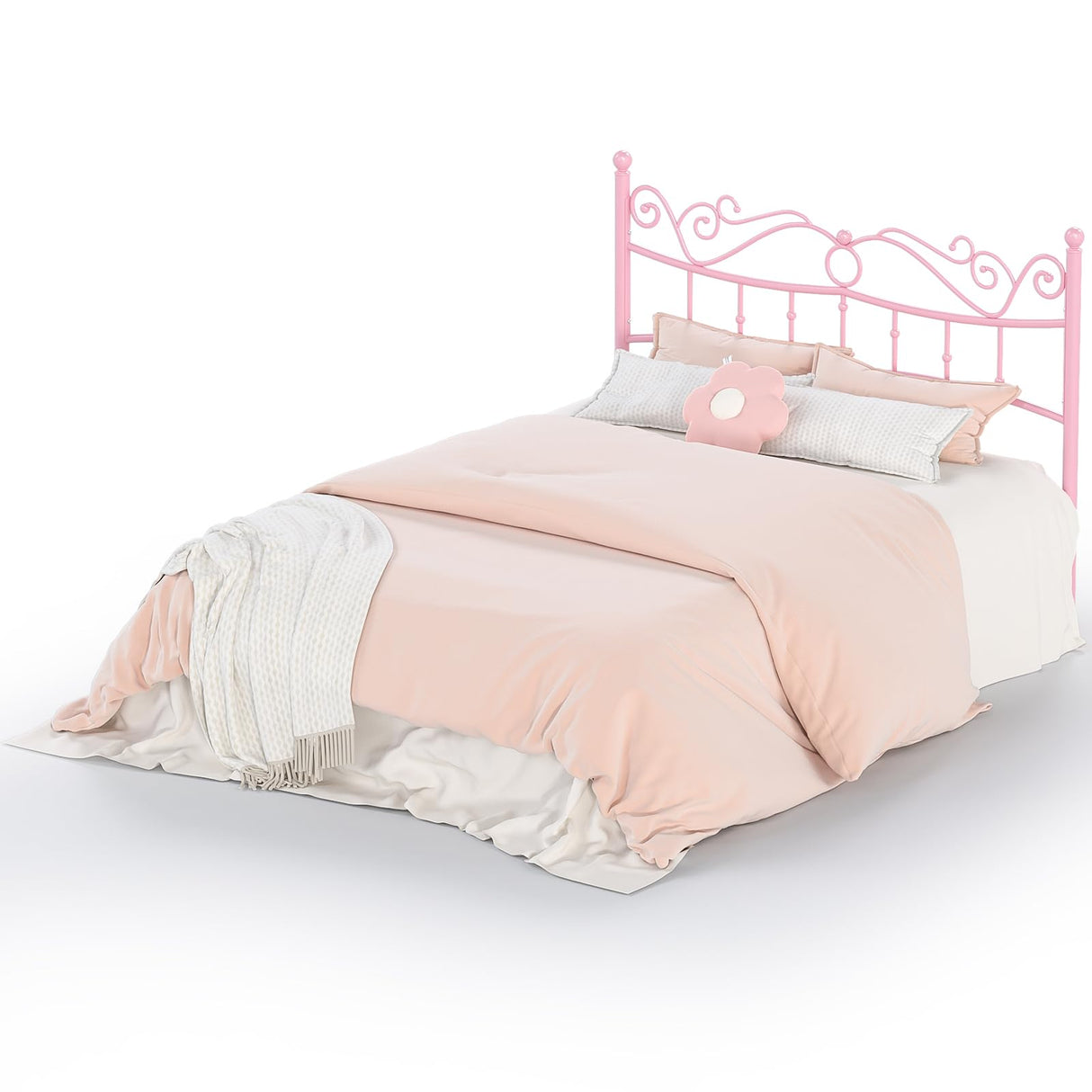 Merronix Full Size Bed Frame with Headboard, Elegant Metal Bed Frame Full for Girls, Modern Kids Full Bed Frame No Box Spring Needed, 11.2 Inches Height Clearance - Pink Merronix