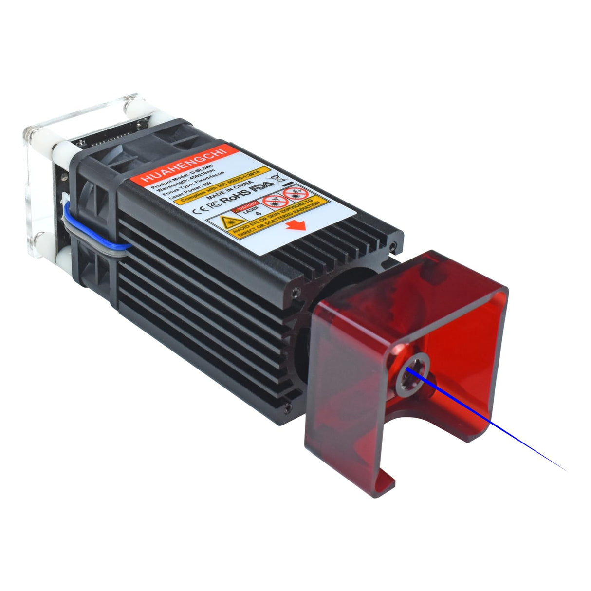 HUAHENGCHI 5000mW(5W) Laser Engraver Module w/Wind Gathering Hood, 450nm 23mm Fix Focus Laser Head for CNC Machines, DIY Laser Engraving Tool Suitable for Metal Wood Acrylic Paper, Class 4, 12V HUAHENGCHI