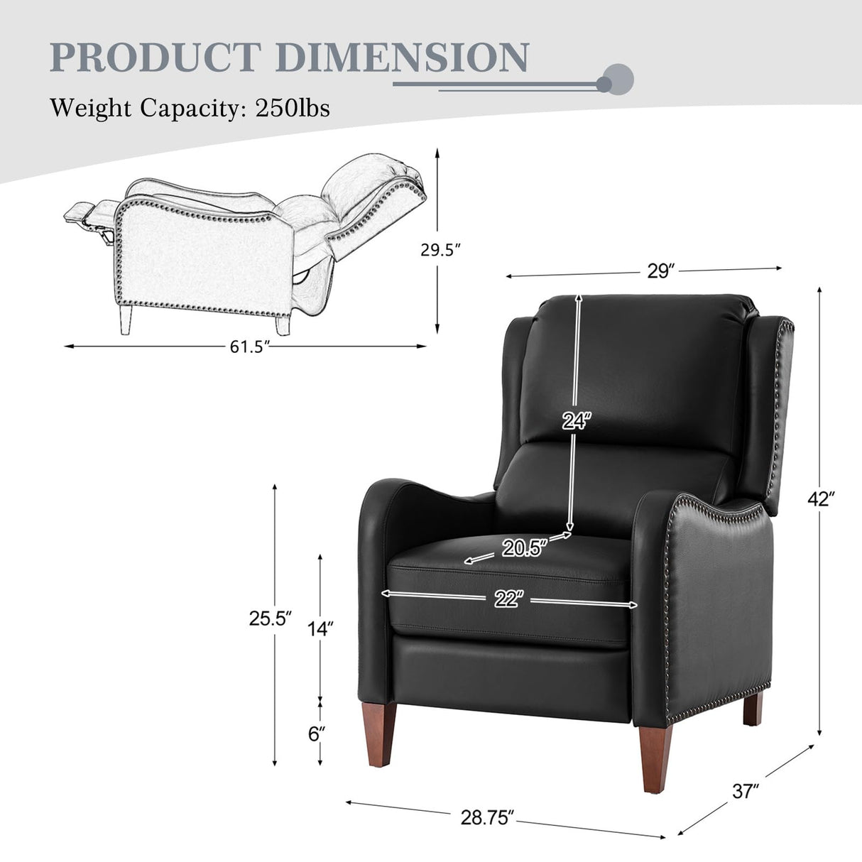 HULALA HOME Leather Recliner Chair, Modern Push Back Recliner Chair with Adjustable Backrest & Footrest, Casual Single Leather Sofa, Comfy Upholstered Club Chair for Living Room, Bedroom, Black HULALA HOME