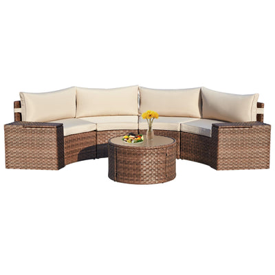 ECOTOUGE 7 Piece Patio Furniture Sets, Half-Moon Circle Conversation Set, Curved Wicker Outdoor Sectional with 2 Storage Armrests and Glass Coffee Table, Garden Balcony and Backyard (Beige)