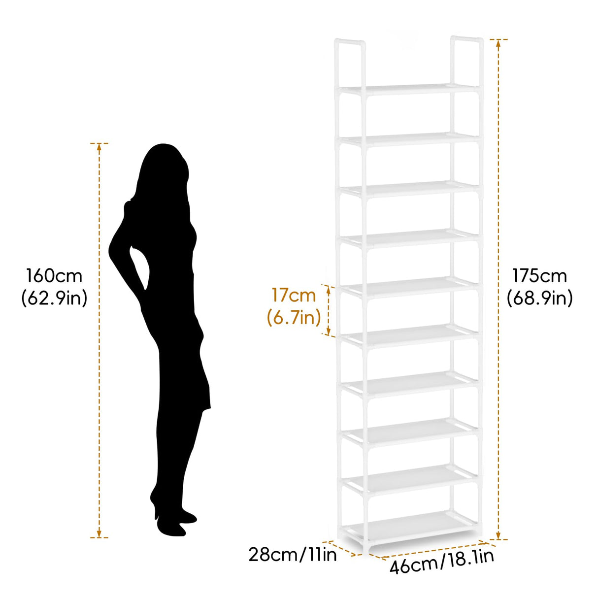 barsone Shoe Rack 10 Tiers, 20-25 Pairs Shoe Organizer Storage Shelf Stand Tower Shoe Rack, Space Saving Shoe Shelves Narrow Free Standing Shoe Rack for Closet Entryway Hallway Apartment Garage(White) barsone