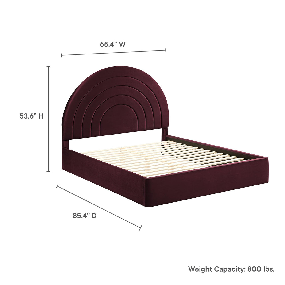 Modway Solana Queen Size Performance Velvet Platform Bed in Mulberry – Upholstered Bed Frame with Soft Arch Shaped Padded Headboard - Plinth Base Platform Bed Frame Modway