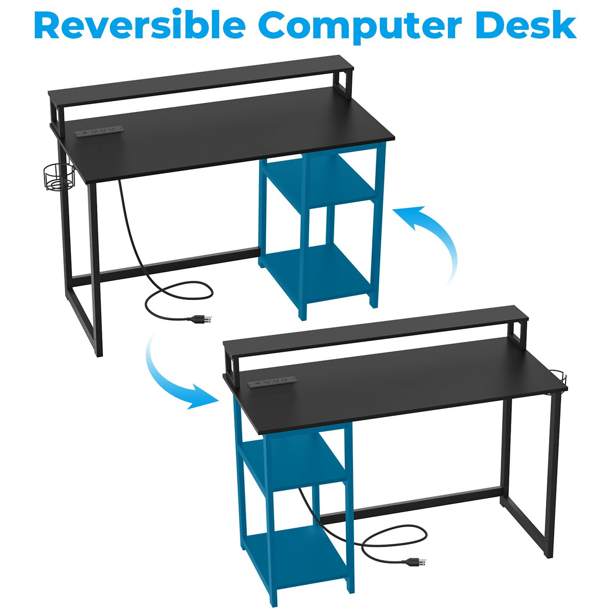 GreenForest 47 inch Gaming Desk with Power Outlets, Small Home Office Desk with Ergonomic Monitor Stand, Reversible Computer Desk, Modern Study Desk, Laptop Desk,Black GreenForest
