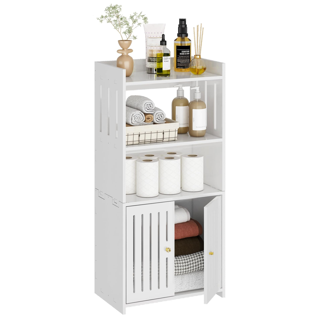 HAYOFAMY Bathroom Storage Cabinet, 4-Tier White Floor Cabinet Freestanding Organizer with Door for Living Room Kitchen Small Space HAYOFAMY
