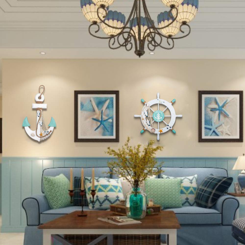 2 Pack 11" Nautical Beach Wooden Ship Wheel and 13" Wood Anchor with Rope Nautical Boat Steering Wheel Rudder Anchor Wall Decor Door Hanging Ornament Beach Theme Home Decoration(White&Green) Meching