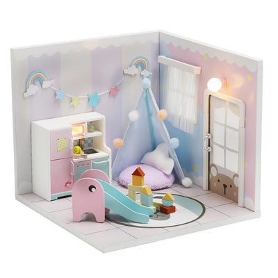 Kisoy Dollhouse Miniature with Furniture Kit, DIY 3D Wooden DIY House Kit A Corner of a Small Apartment Style with Dust Cover & LED,Handmade Tiny House Toys for Kids Adults Gift (Toy Room)