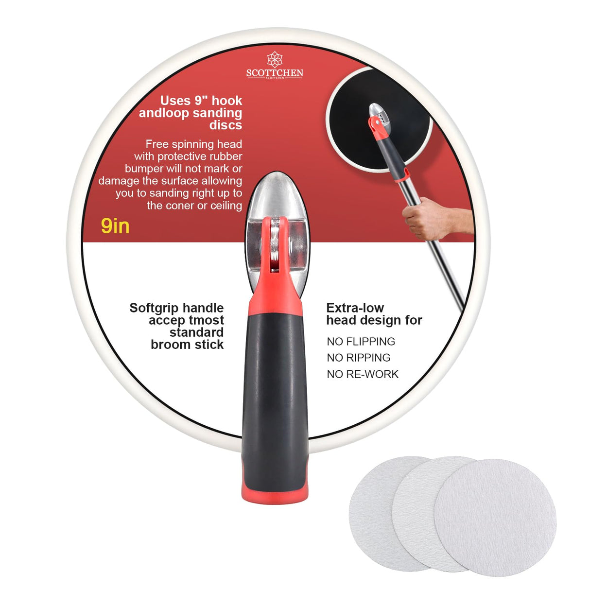 SCOTTCHEN Drywall Sander 9 Inch Radial Round Pole Sander for Dry Wall Include 3pcs Sanding Sheets 80,100,150 Grits SCOTTCHEN