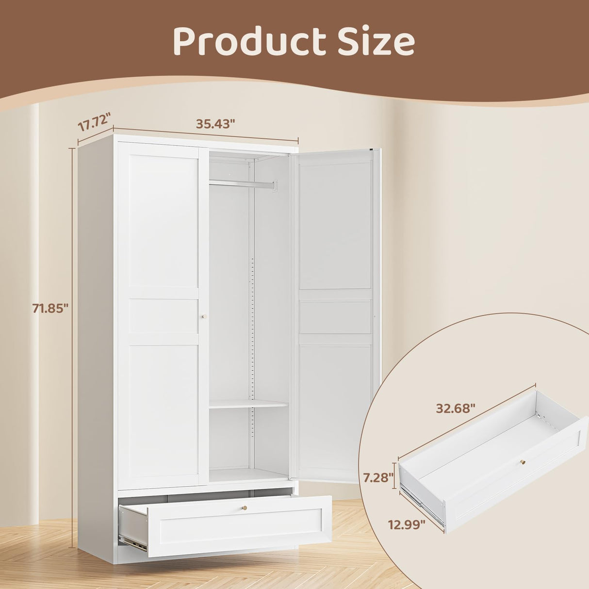 ZAOUS Metal Armoire Wardrobe Closet,72" Tall Wardrobe Cabinet with Drawer,2 Doors Armoire Storage Closet with Adjustable Shelves and Hanging Rod for Bedroom,White ZAOUS