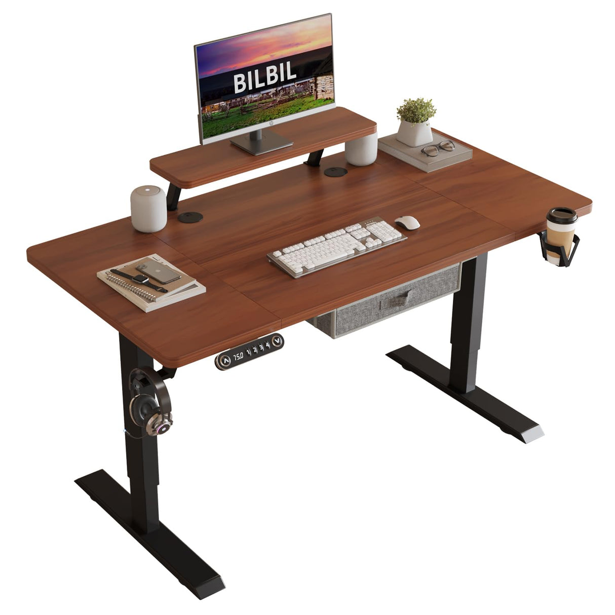 bilbil Electric Standing Desk with Drawer, 55x30 Inches Adjustable Height Sit Stand Up Desk with Storage Shelf, Home Office Desk Computer Workstation with Dark Walnut Top/Black Frame bilbil