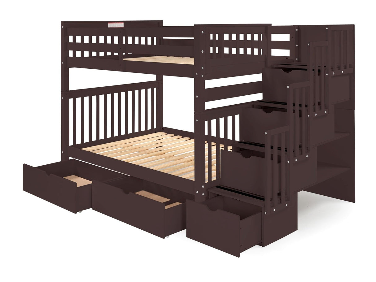 Bedz King Stairway Bunk Beds Full Over Full with 4 Drawers in The Steps and 2 Under Bed Drawers, Dark Cherry Bedz King