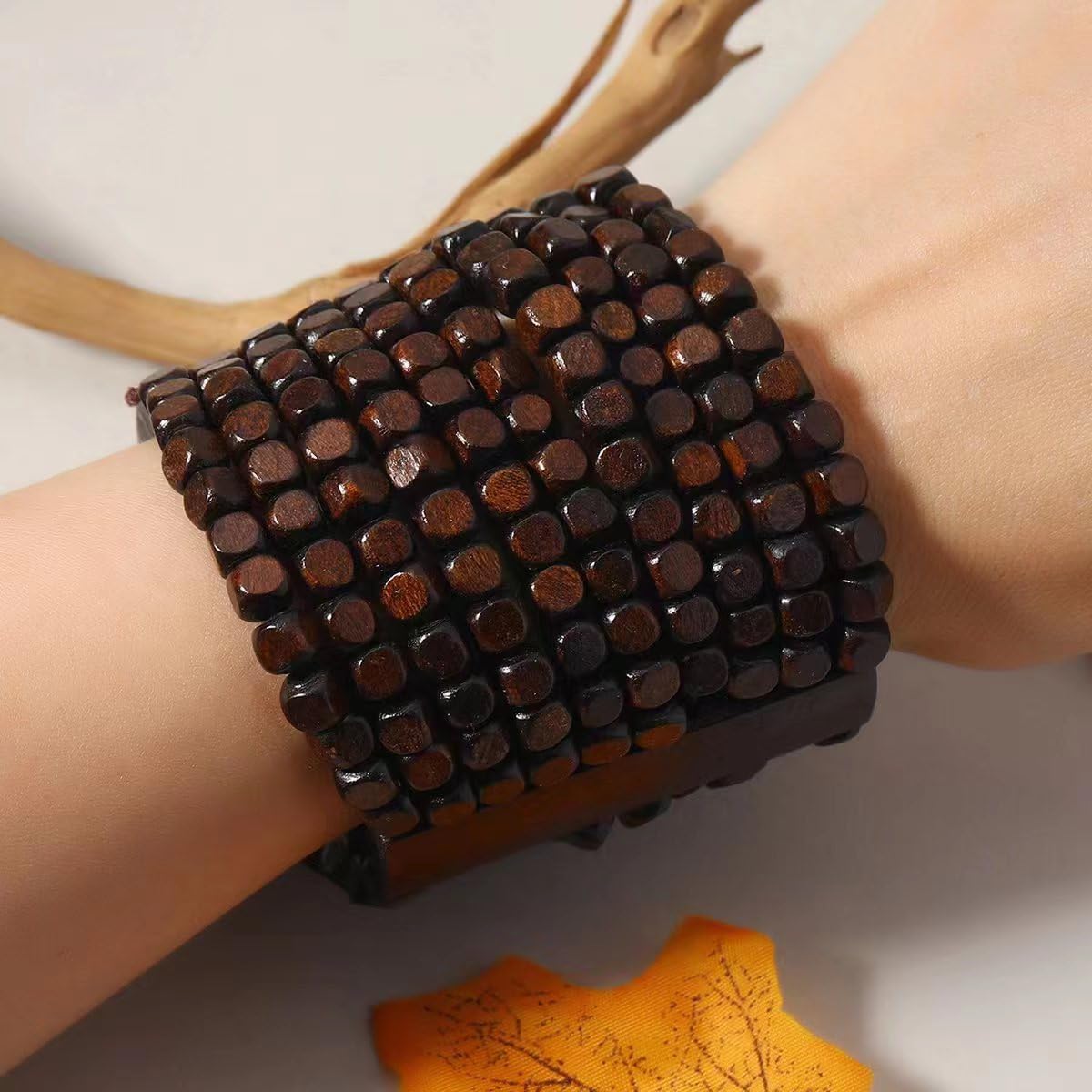 COLORFUL BLING Handmade Natural Wooden Beads Cuff Bracelet Woven Chunky Geometric Bangle for Women Summer Beach Boho Jewelry-multilayer COLORFUL BLING