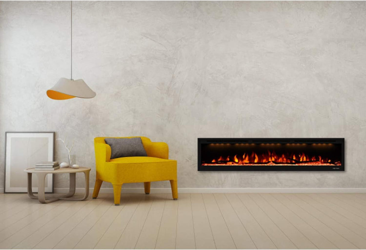 Valuxhome Electric Fireplace, 74 Inches Fireplace, Recessed and Wall Mounted Fireplaces for Living Room with Remote, Overheating Protection, Logset and Crystal, Touch Screen, 1500W/750W, Black Valuxhome