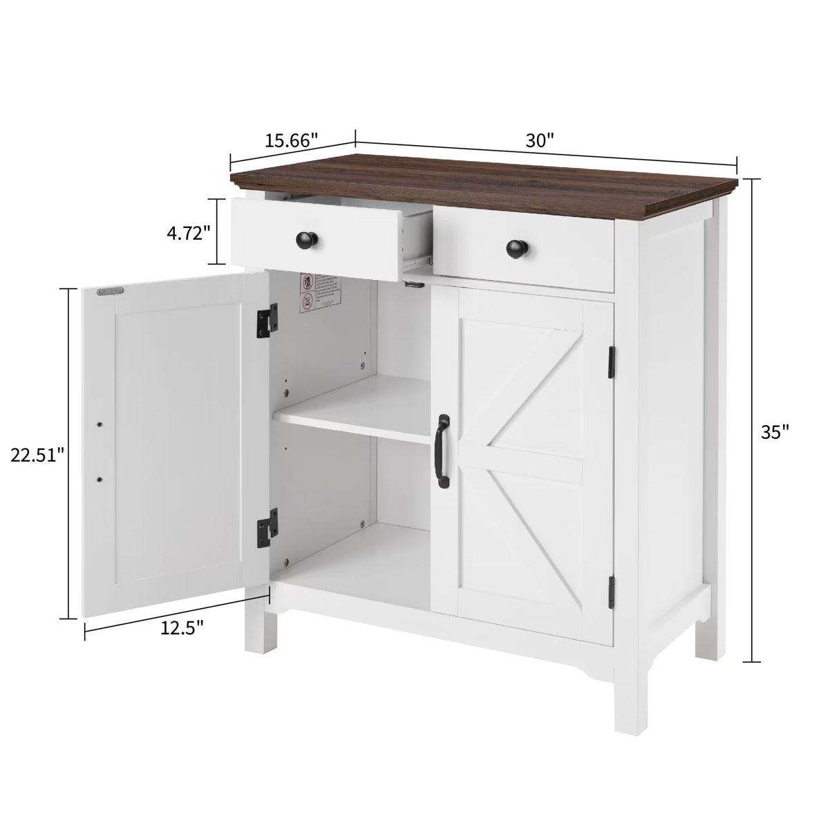 Farmhouse Buffet Cabinet with 2 Drawers & Adjustable Shelf, 2 Barn Door Storage Sideboard for Kitchen, Entryway, Living Room, White eShelf