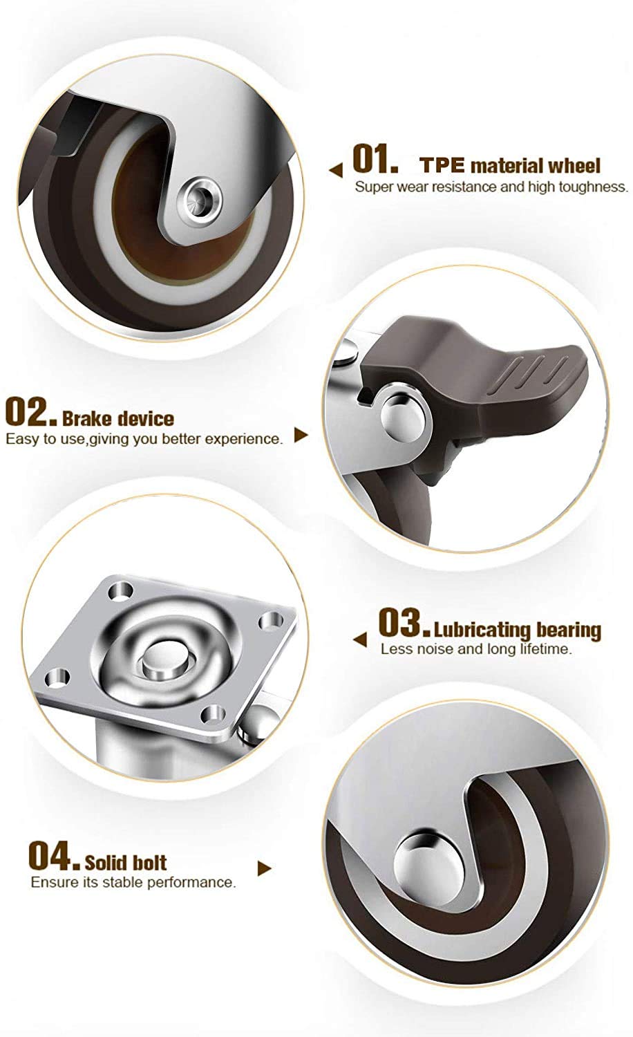 GBL 1" Small Caster Wheels with 2 Brakes + Screws - 90Lbs - Low Profile Castor Wheels with Brakes - Set of 4 No Floor Marks Silent Casters - Mini Wheels for Cart and Furniture GBL