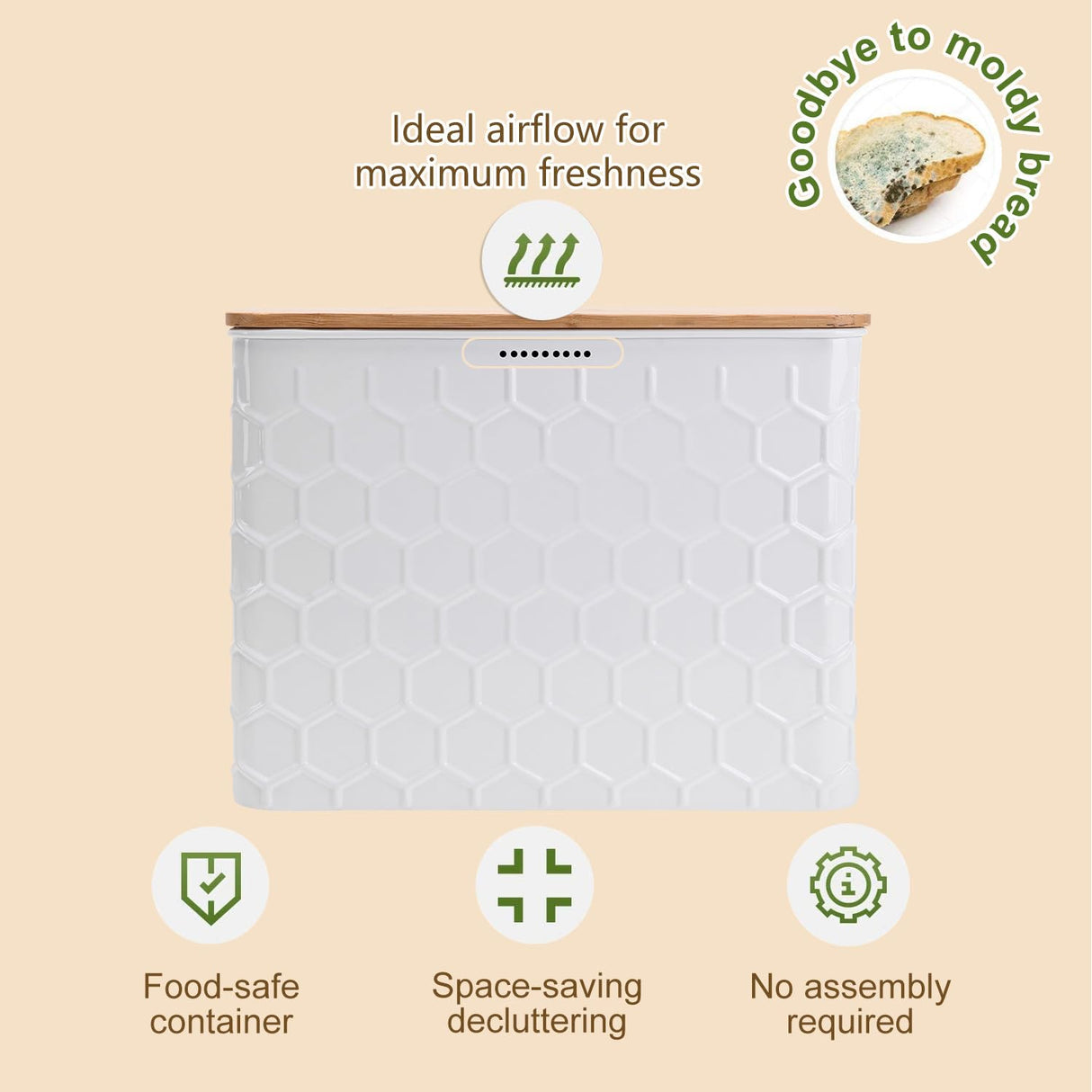 NIKKY HOME Extra Large Space Saving Farmhouse White Bread Box With Bamboo Lid - Holds 2 Loaves - Vertical Breadbox Bread Storage Bin Holder for Kitchen Countertop, Honeycomb Embossed Pattern NIKKY HOME