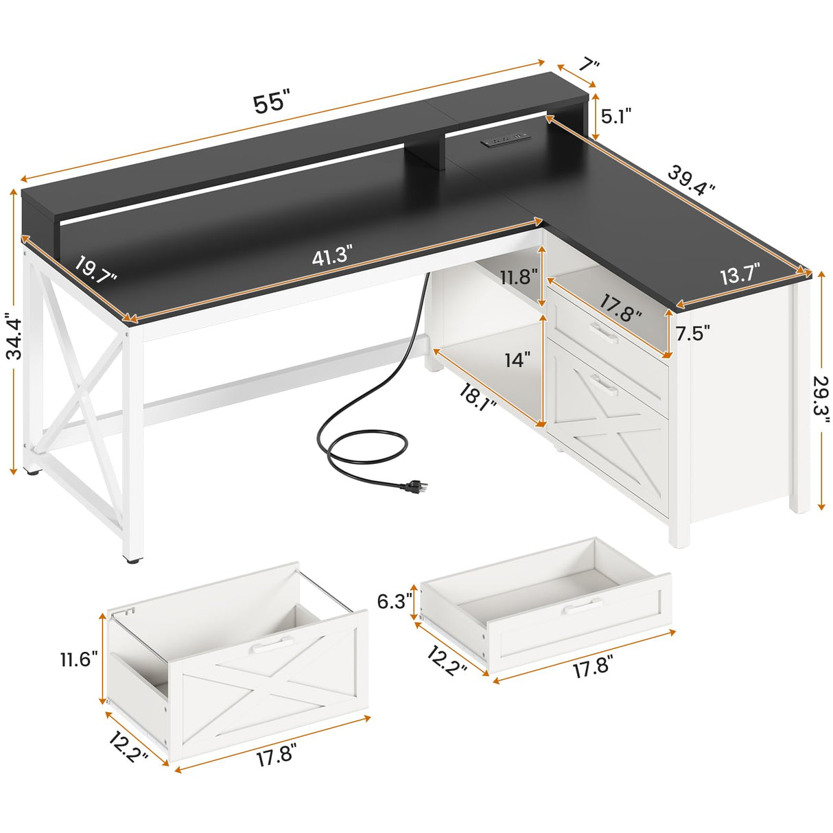 SEDETA Corner Computer Desk, 55" Corner Gaming Desk with Drawers, LED Lights and Power Outlet, Farmhouse L Shaped Office Desk with File Drawer, Storage Shelves and Monitor Shelf, Black SEDETA
