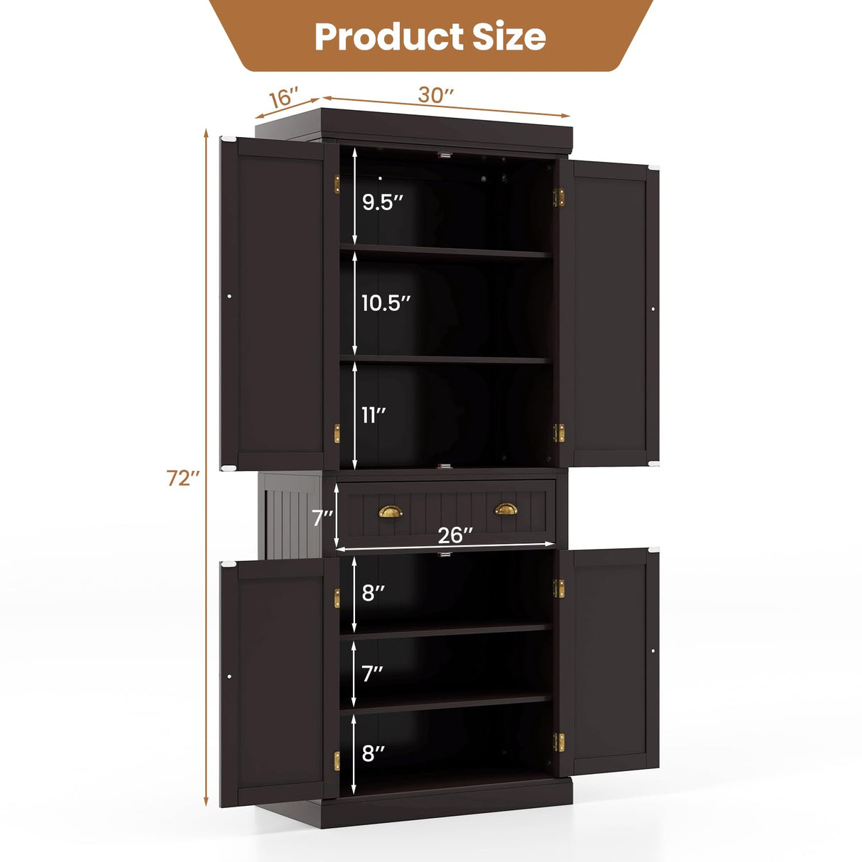 Giantex Pantry Organizers and Storage, 72" Tall Kitchen Cabinet with 2-Door Cabinets & Drawer, Buffet Sideboard w/Adjustable Shelves, Wooden Freestanding Cupboard for Dining Room Living Room (Brown) Giantex