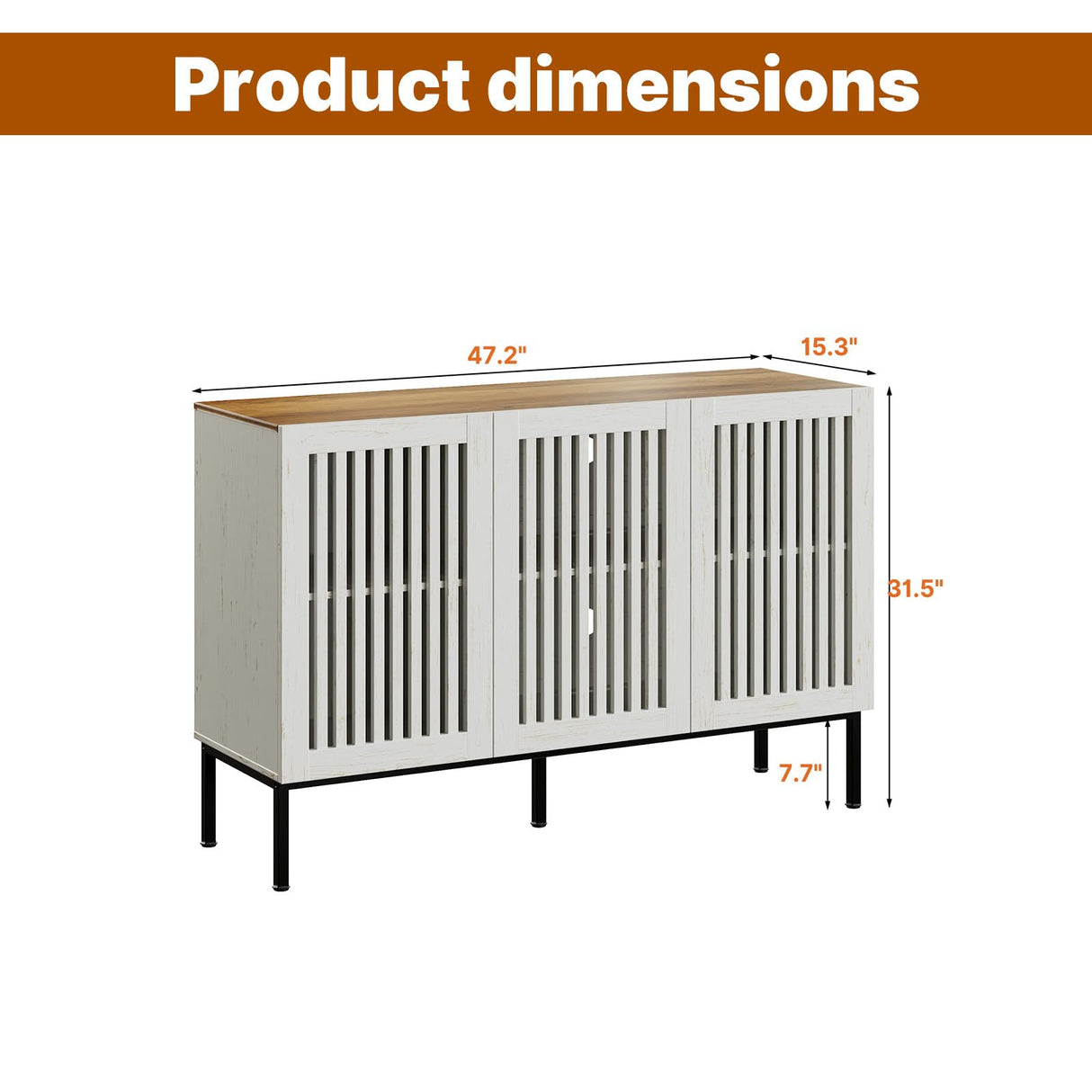 BVIUNTWO 47" Farmhouse Buffet Cabinet with Metal Base, Adjustable Shelves & 3 Doors, Antique White Storage Sideboard for Kitchen, Dining & Living Room BVIUNTWO