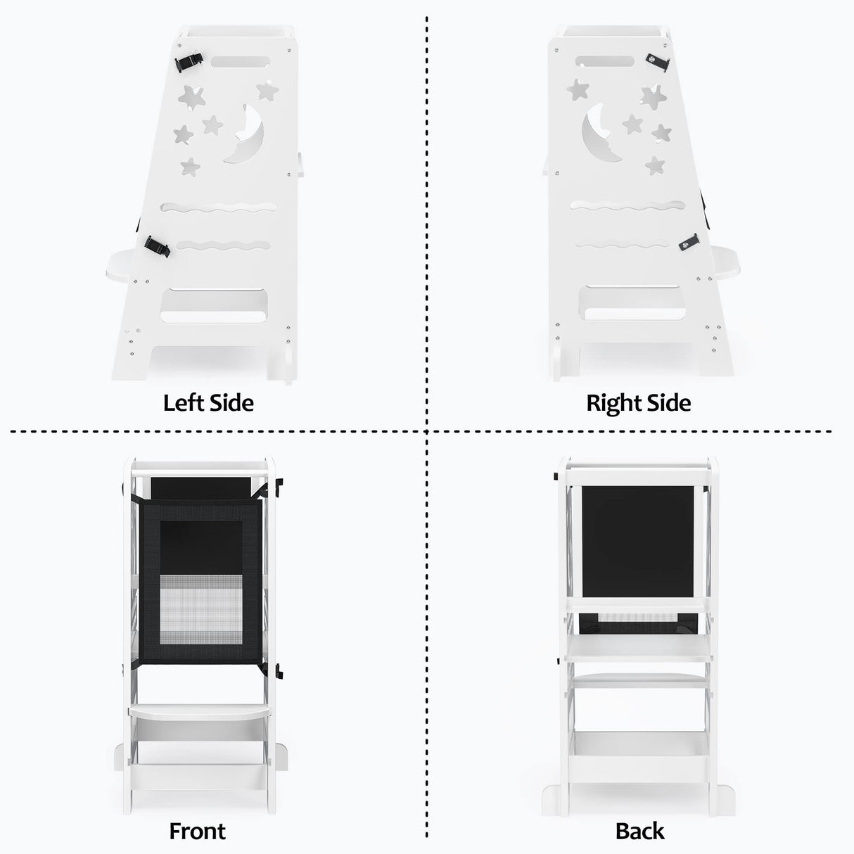 TOETOL Bamboo Toddler Kitchen Stool for Kids Step Stool - White Little Helper Tower Adjustable Height with Learning Black & White Activity Board1 TOETOL
