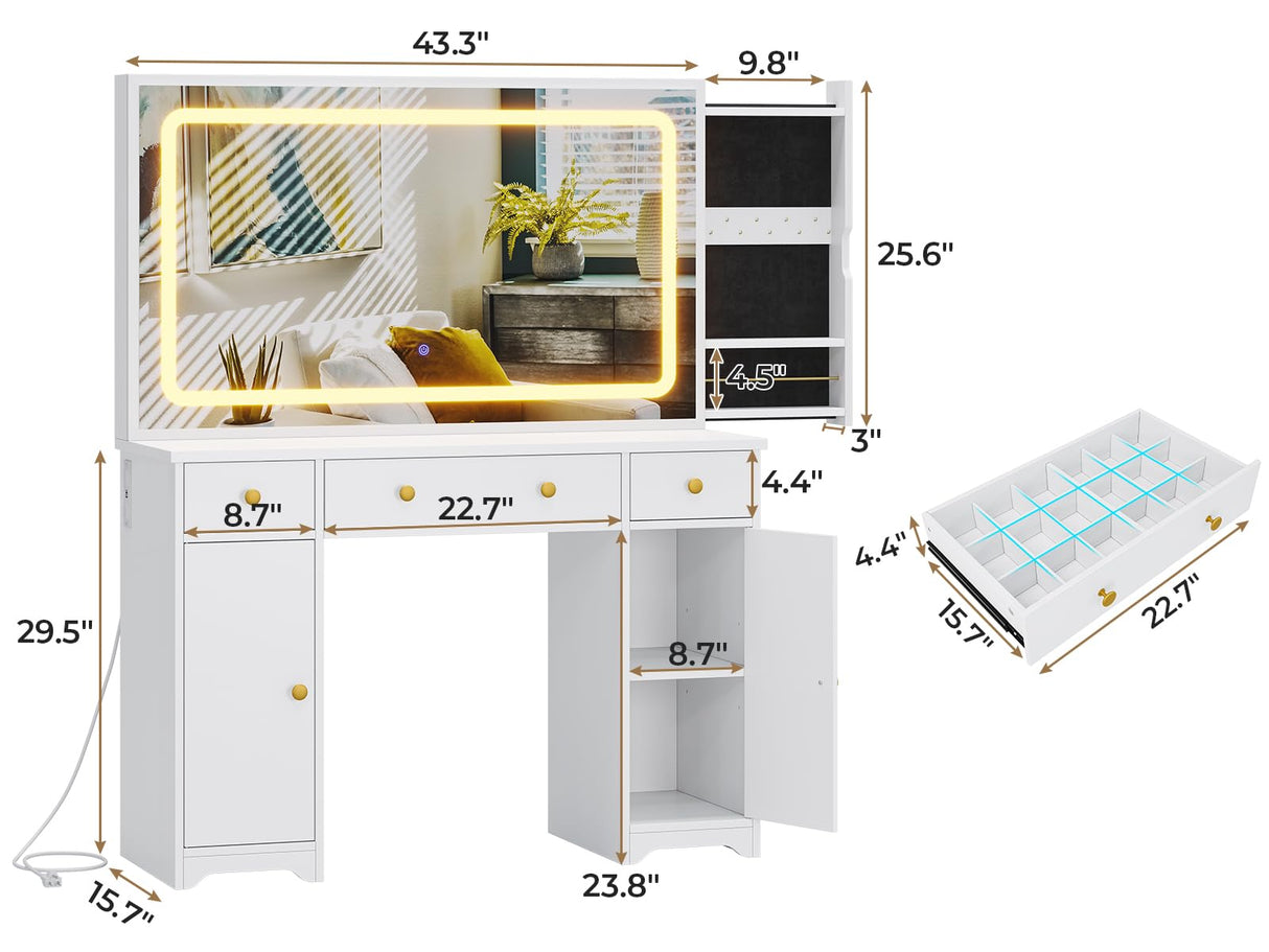 Hasuit Makeup Vanity Desk with Large Mirror and LED Lights, Vanity Table with Sliding Jewelry Cabinet and Power Outlets, Vanity with Storage Cabinets & Drawers, 3 Lighting Modes Brightness Adjustable Hasuit