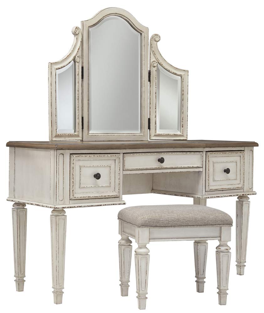 Signature Design by Ashley Realyn Traditional Cottage 3 Drawer Vanity Set with Dovetail Construction, Mirror & Stool Included, Chipped White, Distressed Brown Signature Design by Ashley
