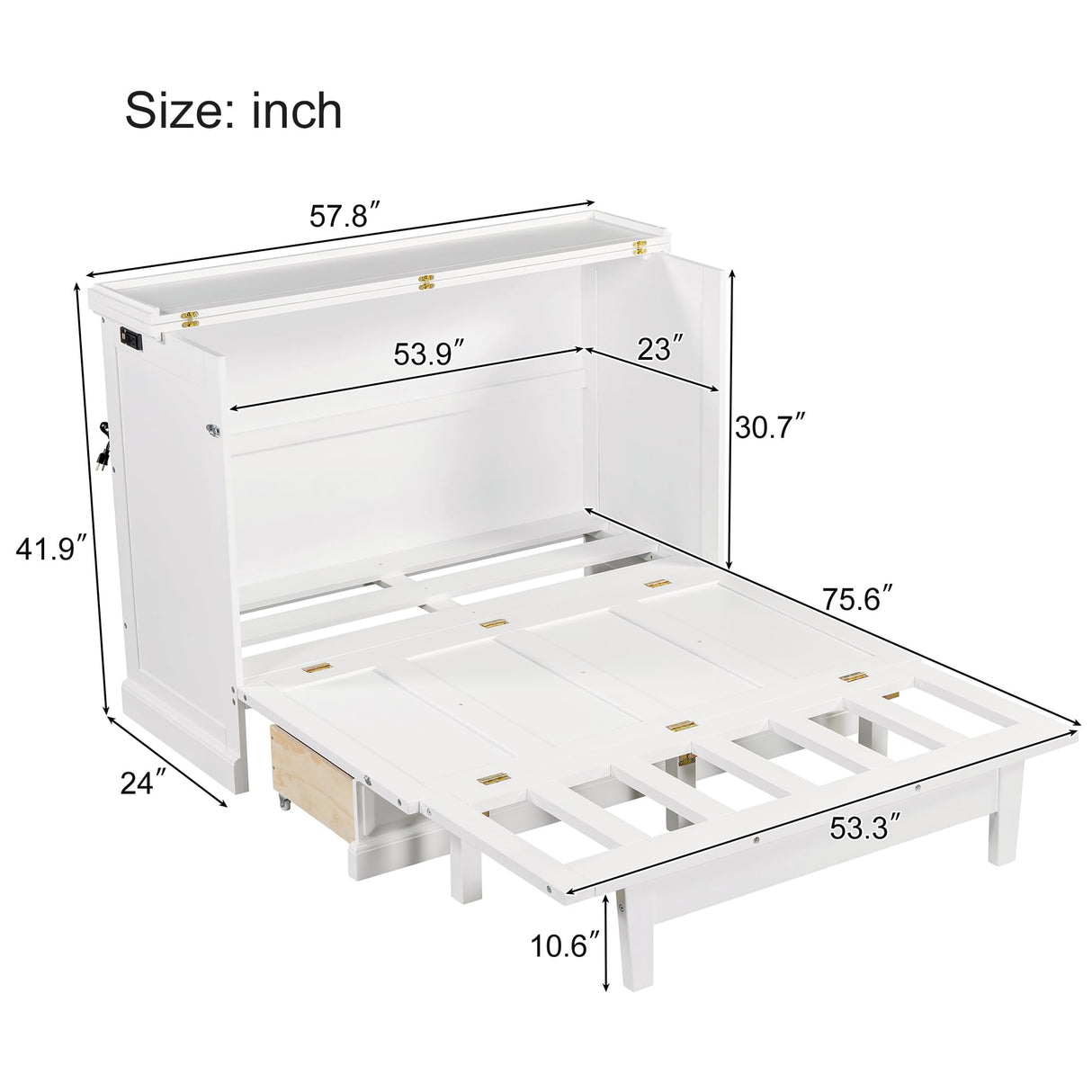 Harper & Bright Designs Full Size Murphy Bed, Solid Pine Wood Farmhouse Full Murphy Bed Frame Chest Cube Cabinet with Charging Station and Large Drawer for Home Office or Small Room, White Harper & Bright Designs