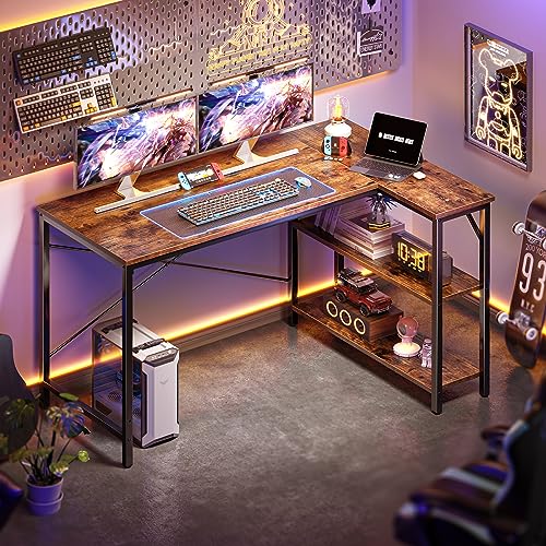 Huuger L Shaped Computer Desk with Reversible Storage Shelves, Gaming Corner Desk for Home Office, Writing Study Desk with Metal Frame, Rustic Brown Huuger