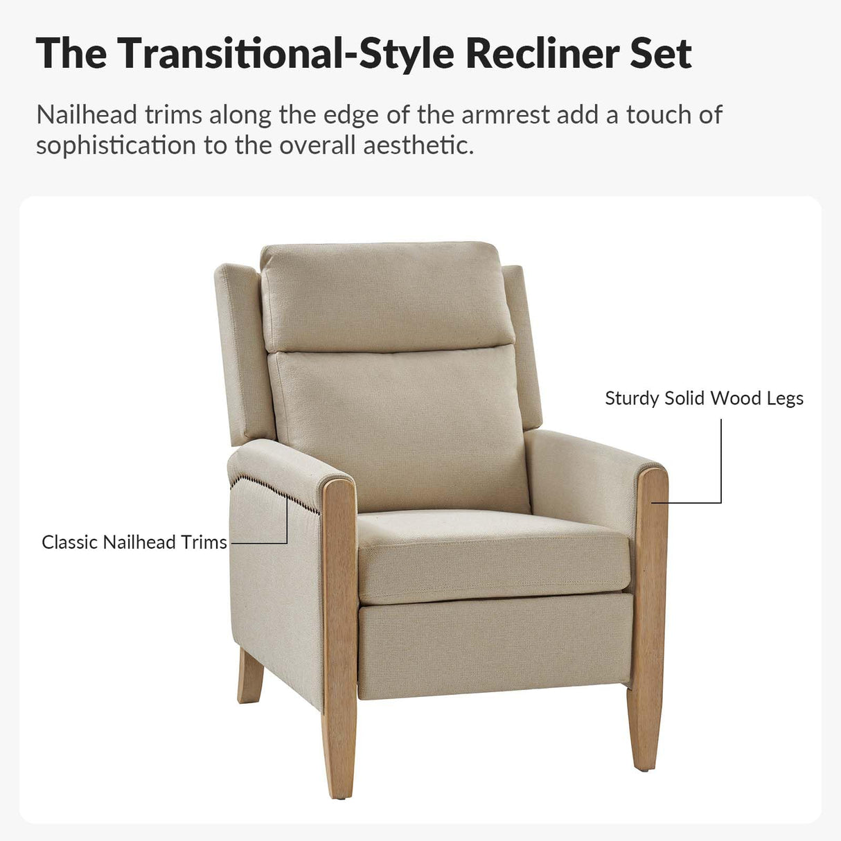 HULALA HOME Fabric Recliner Chair for Living Room, Adjustable Push Back Arm Chair with Rivet Decoration, Home Theater Seating w/Rivet Decoration, Reclining Sofa Chair,Beige HULALA HOME