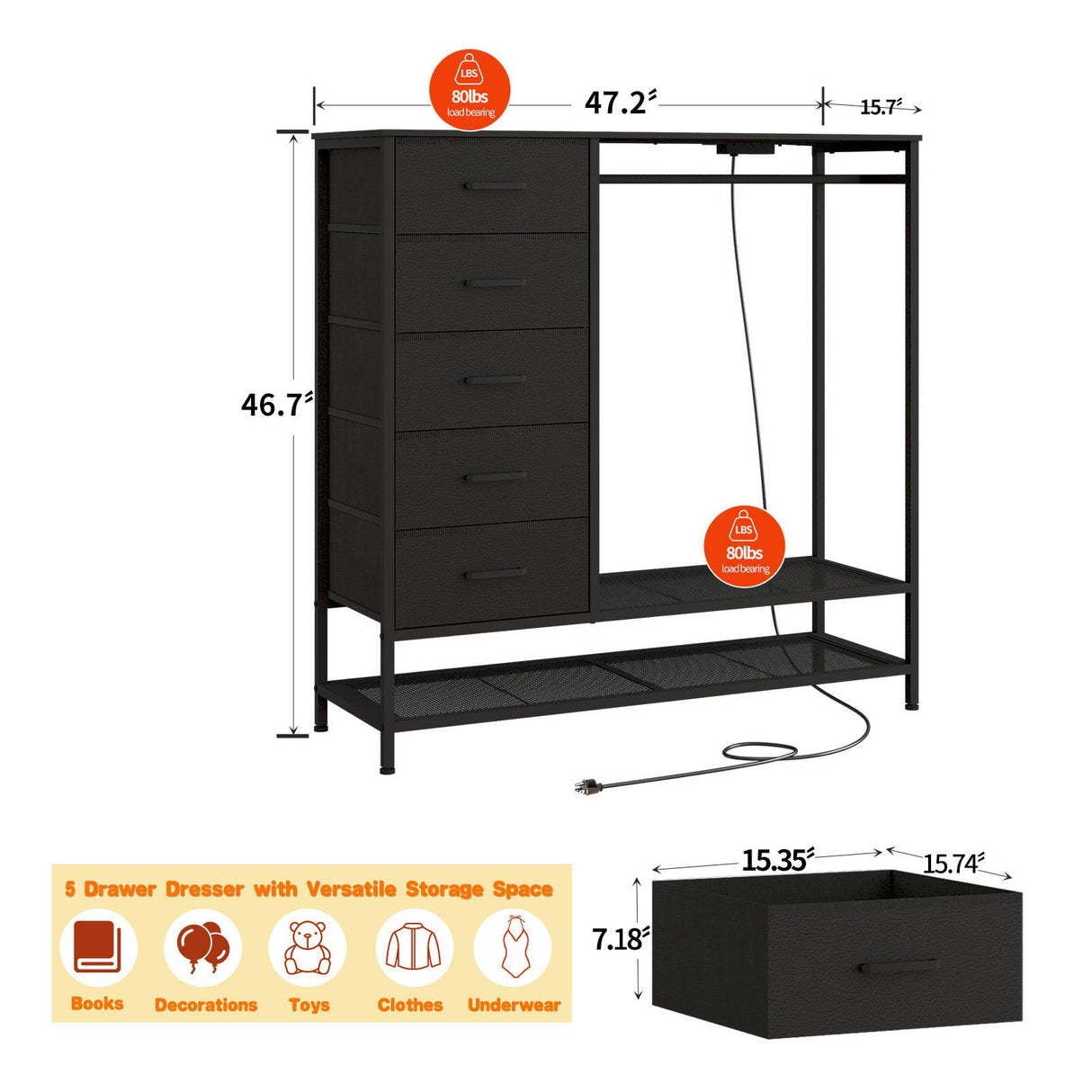 Dresser for Bedroom, Dresser with Hanging Rack Led Lights and Charging Station, Black Bedroom Dresser with 5 Fabric Chest of Drawers with PU Finish Storage Organizer, for Living Room Kids Room, Black SOOWERY