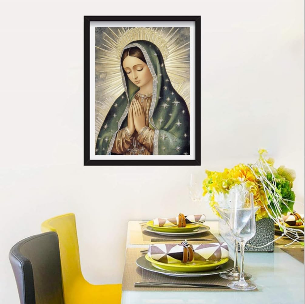 F-CANLAN Round Full Drill Diamond Painting Kit, 5D Pray Virgin Mary Diamond Dots Arts Crafts Set Religious Belief Diamond Painting with Gem for Adult Beginner Virgin Mary Room Decor (12X16 inches) F-CANLAN