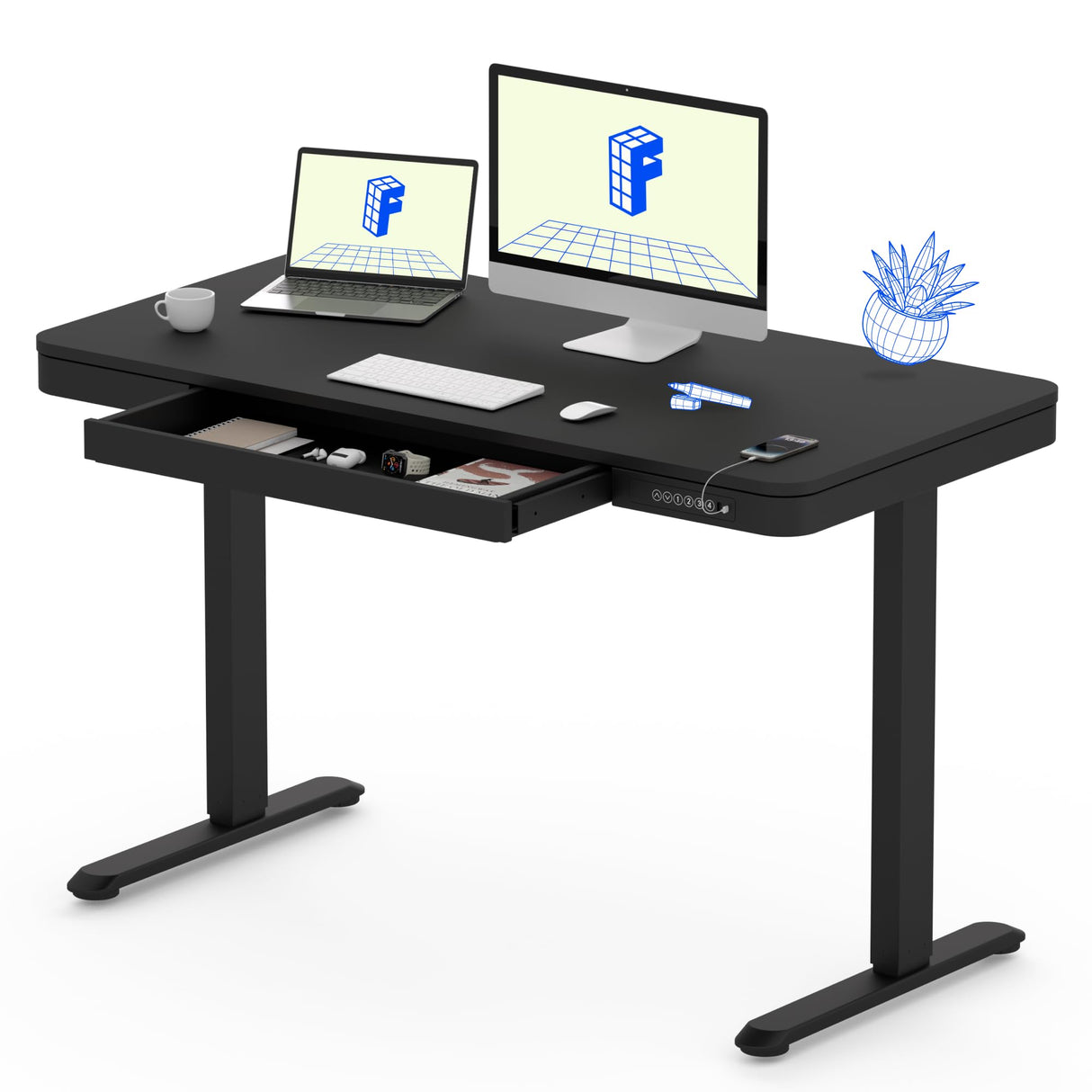FLEXISPOT Comhar Electric Standing Desk with Drawer Desktop & Adjustable Frame Quick Install w/USB Charge Ports (Black, Wood) FLEXISPOT