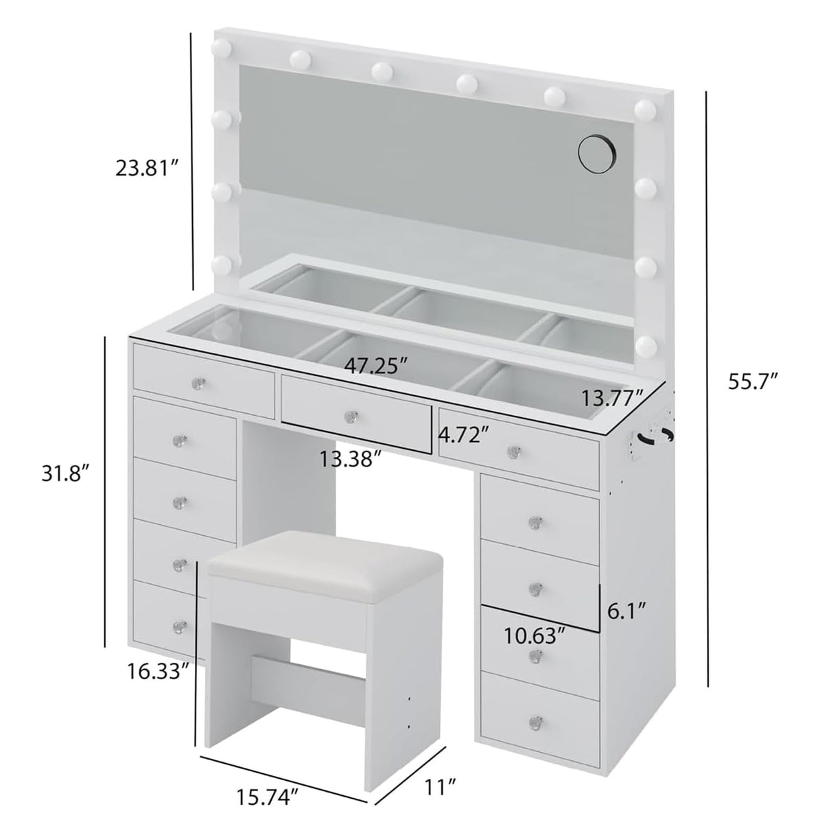 White Vanity Desk with Illuminated Mirror & Power Outlet, 11 Drawers Vanity Table with Chair, Makeup Vanity with 12 LED Lights, Tempered Glass Top, Dressing Table for Bedroom,Dressing Room CollaredEagle