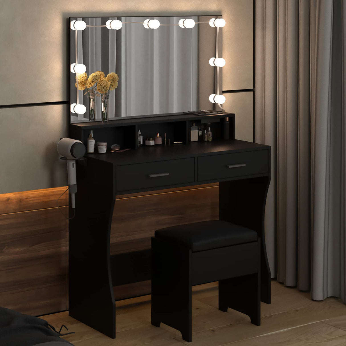 Vabches Makeup Vanity with Lighted Mirror & Power Outlet, White Vanity Set Vanity Desk, Clearance Makeup Vanity 3 Lighting Colors, Brightness Adjustable, 31.5in(W) Vabches